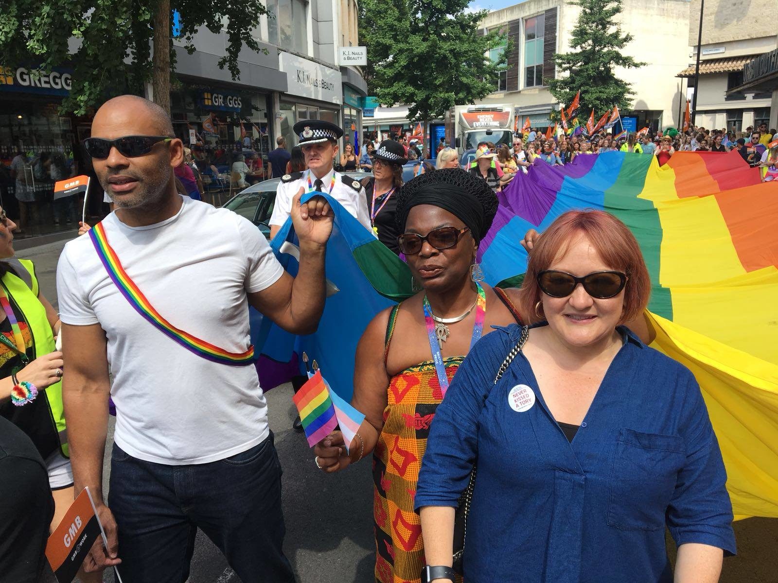 Kerry alongside Mayor Marvin Rees and Deputy Mayor Asher Craig at Bristol Pride.